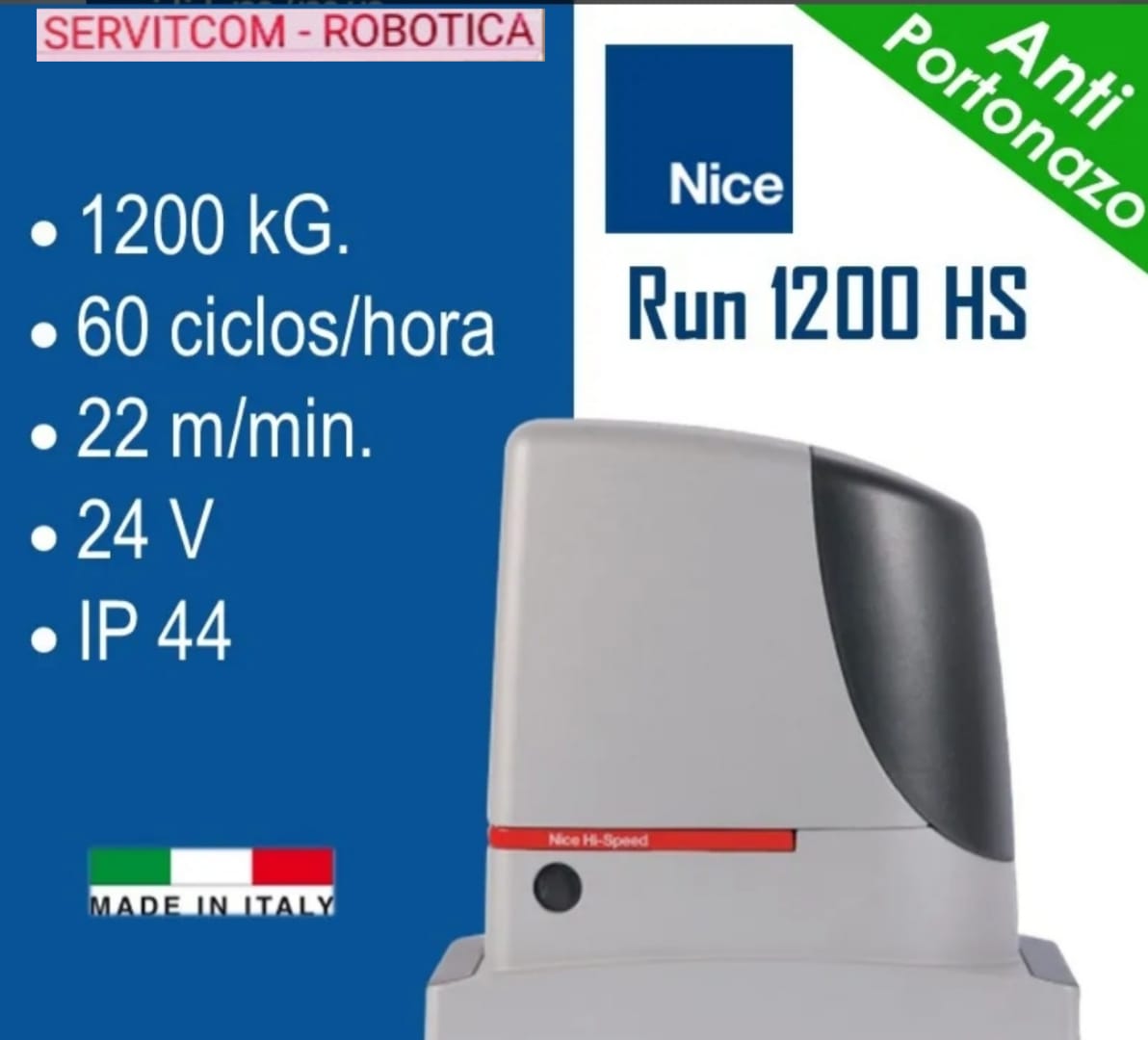 MOTOR NICE RUN 1200 HS, KIT USO CONDOMINIO, RECEPTOR 1024 BOTONES, 4 MTS. CREMALLERAS ACERO